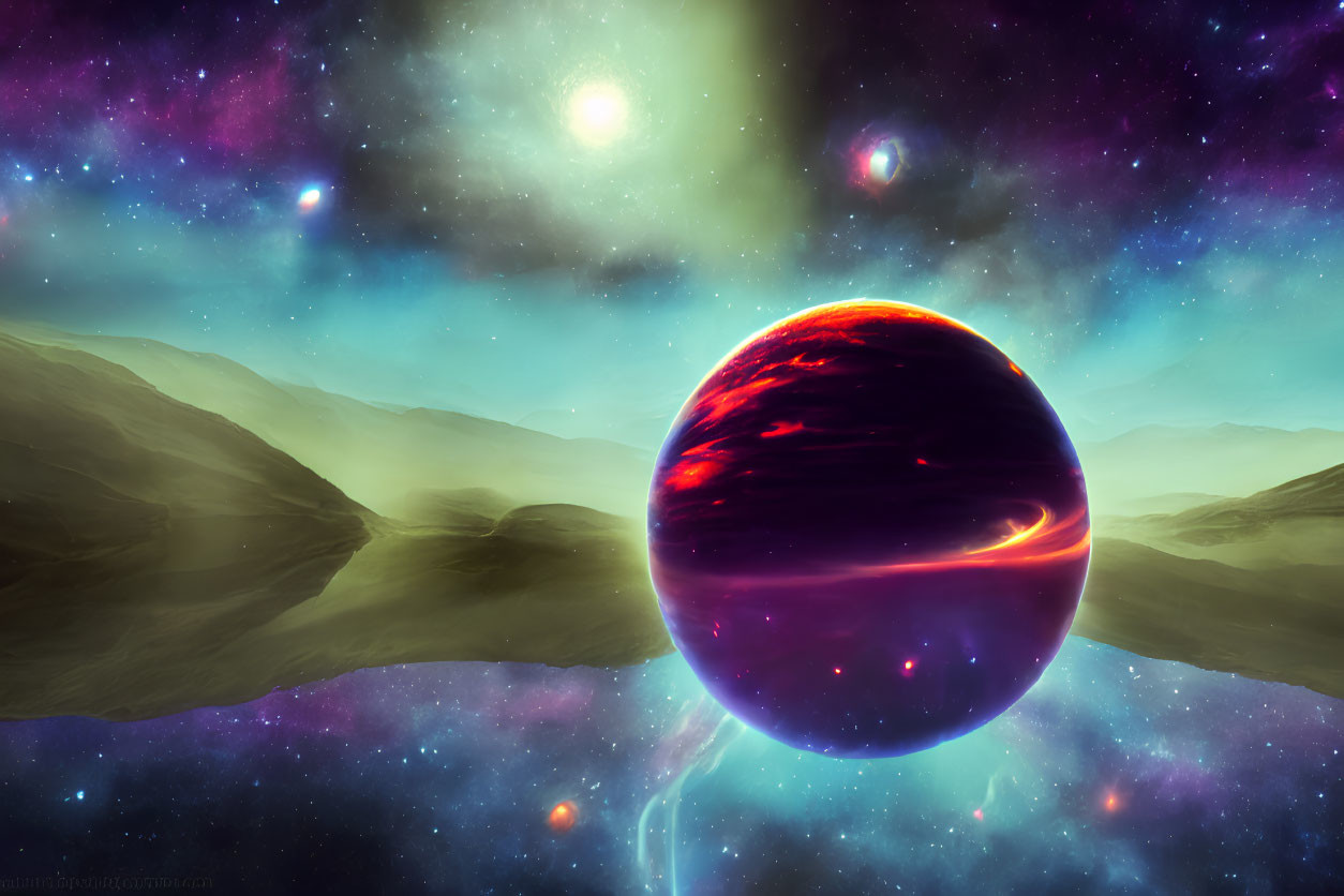 Surreal space scene with glowing lava planet and colorful nebula