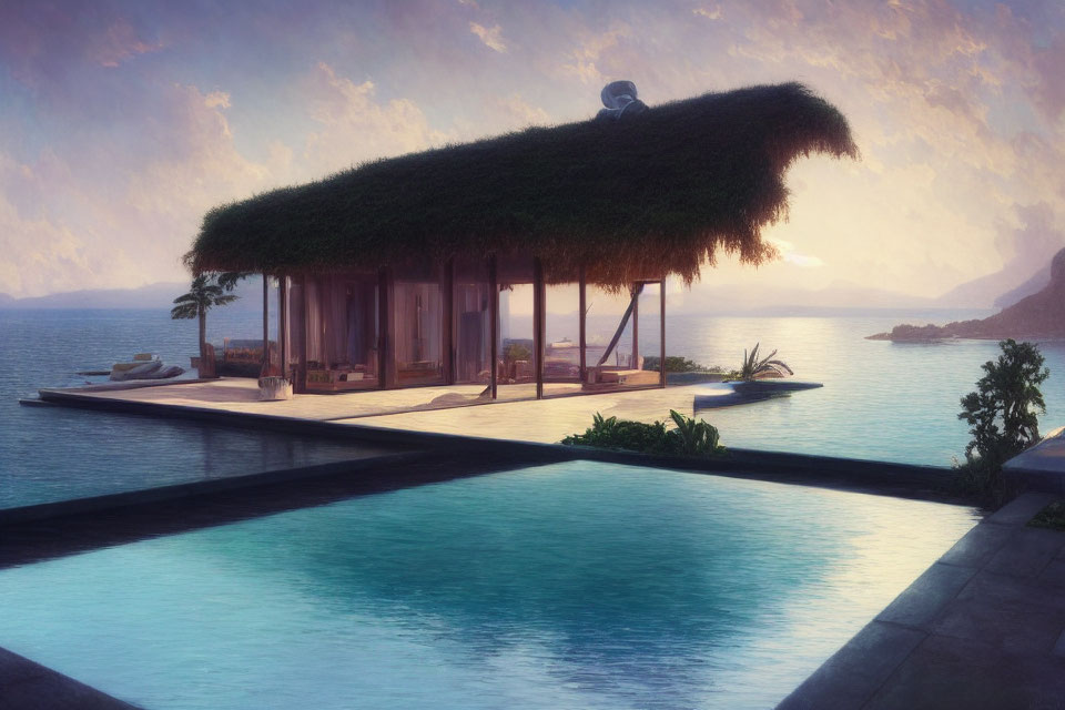 Tranquil waterfront villa with thatched roof, pool, and yacht at dusk