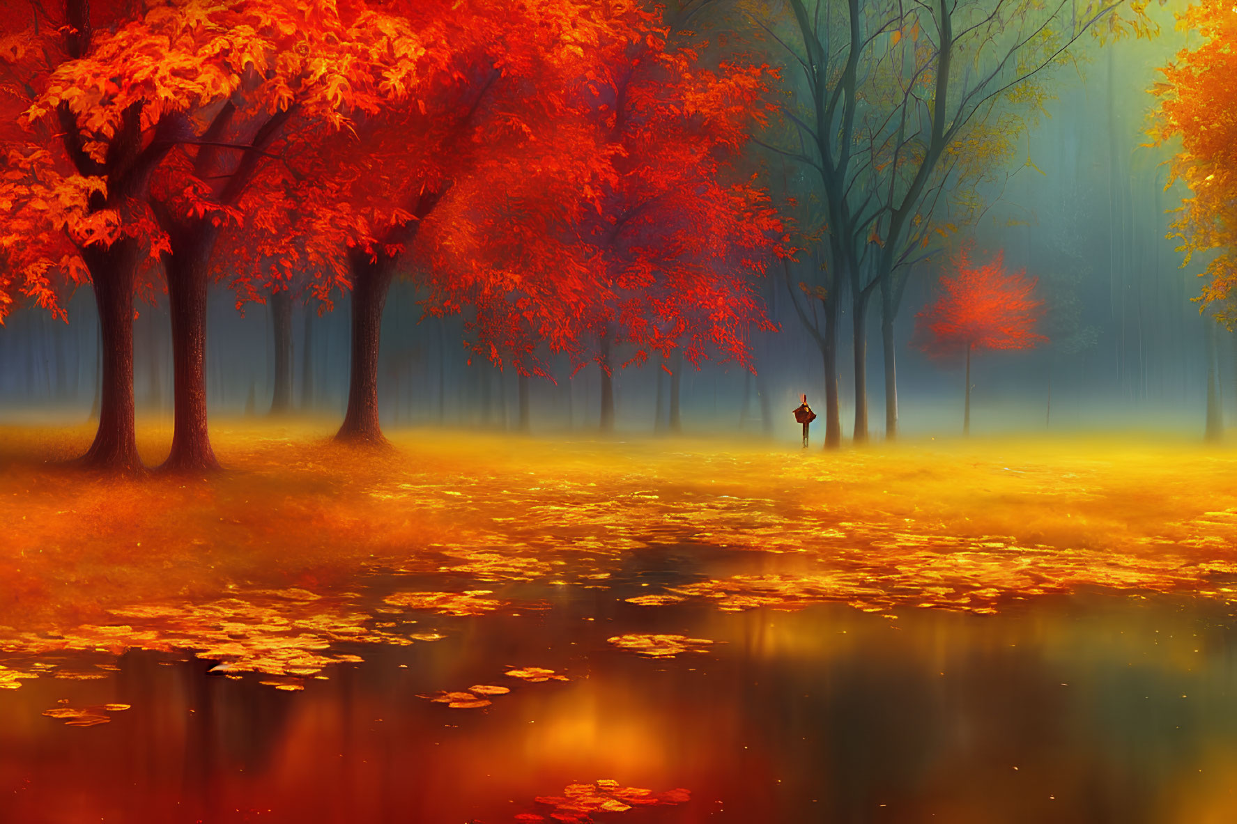 Vibrant autumn landscape with red-orange trees, reflective water, and solitary figure in misty forest
