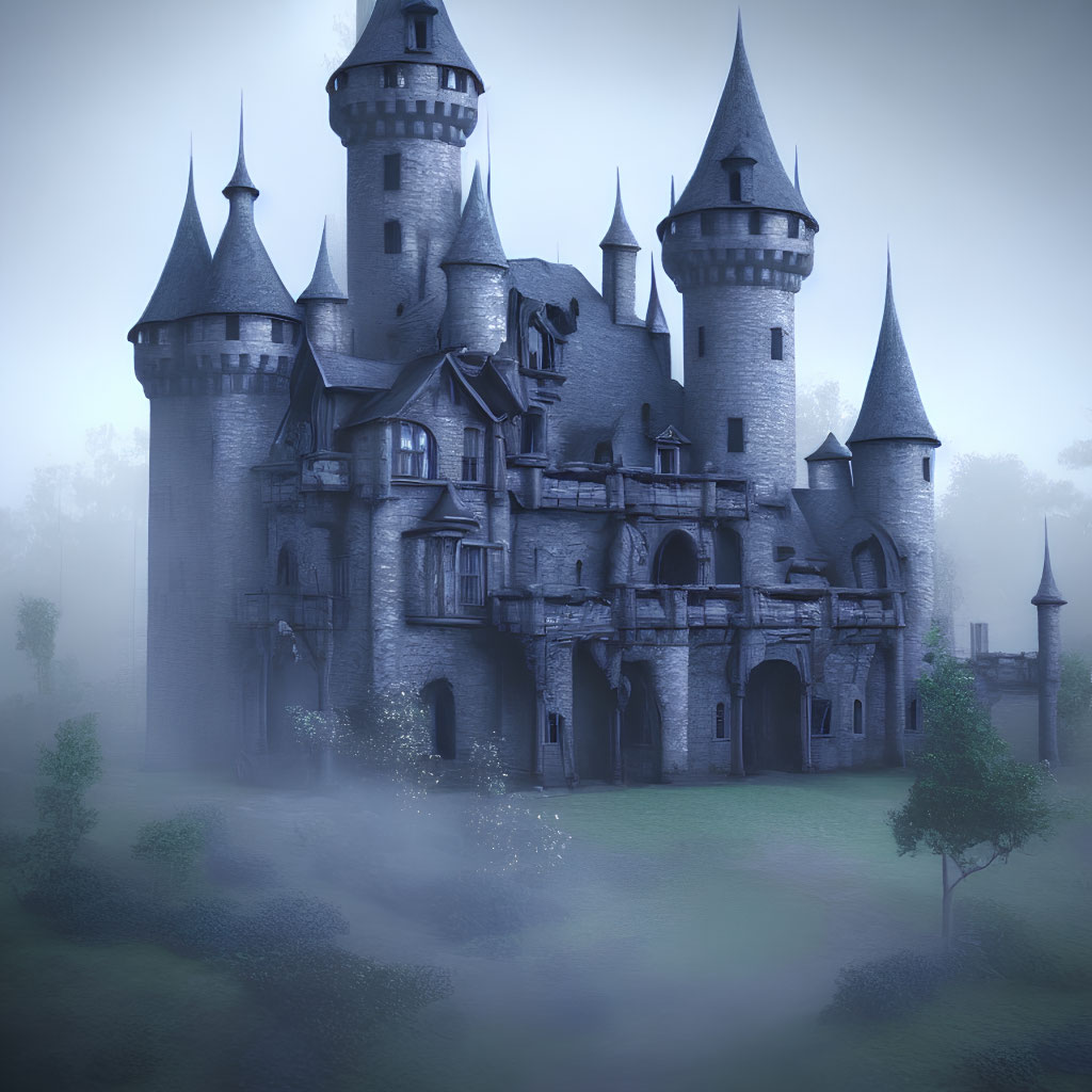 Mist-covered castle with spires and turrets in twilight foggy landscape