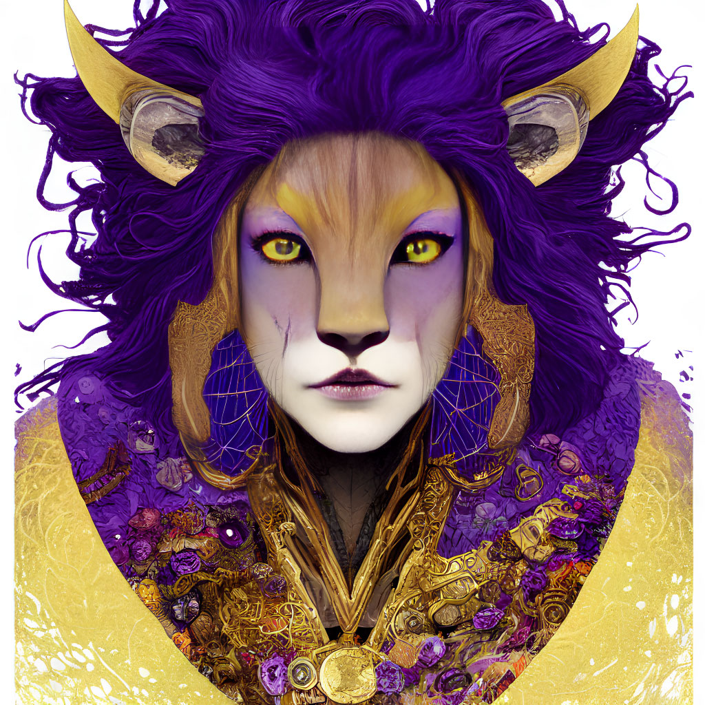 Stylized portrait of humanoid lion with golden eyes and purple mane