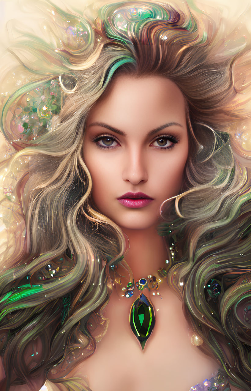 Colorful digital illustration of woman with flowing hair and bubbles on soft background