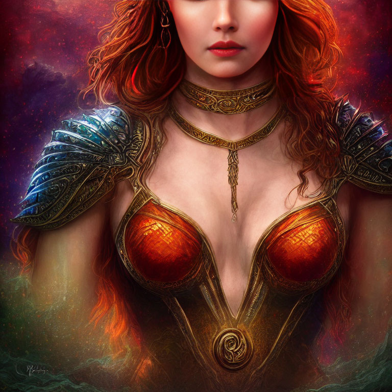 Redheaded Woman in Ornate Armor with Detailed Choker and Cosmic Backdrop