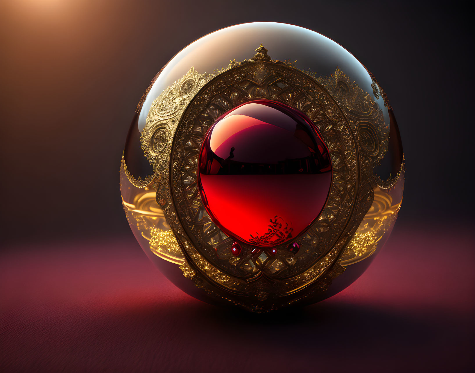 Golden filigree encircles red and clear orb on dark surface with warm backdrop