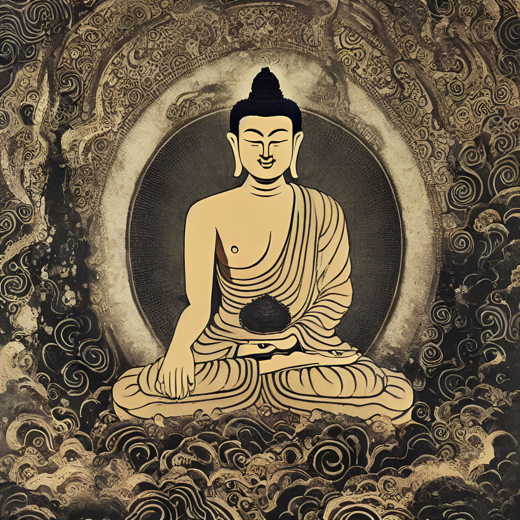 Traditional Buddha Painting in Gold and Black with Ornate Halo Background