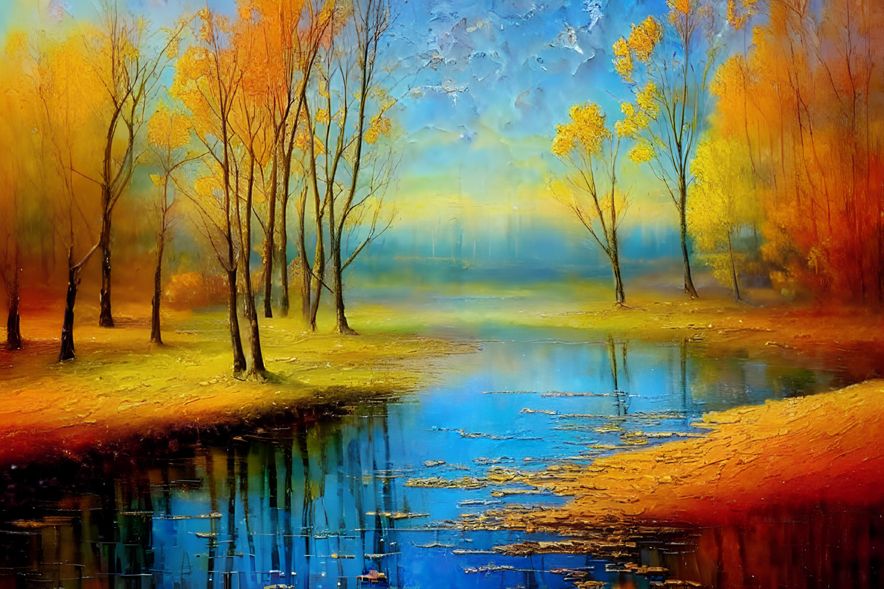 Tranquil autumn river landscape with golden trees