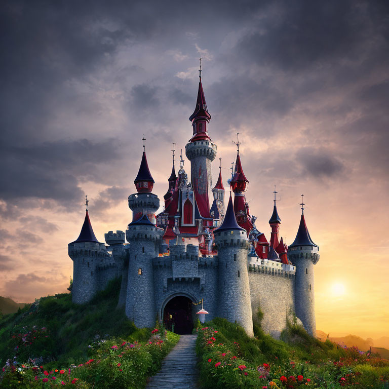 Majestic fairy-tale castle on hill at sunset