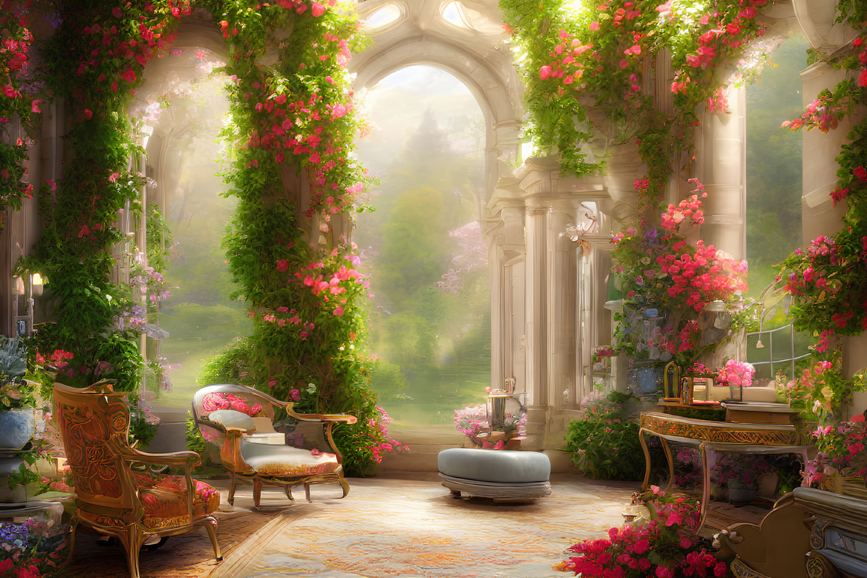 Sunlit room with arch windows and garden view, adorned with flowering vines and antique-style decor.