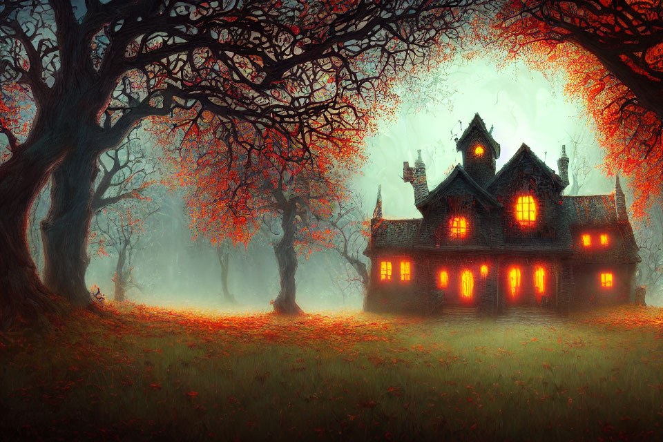 Spooky large house with glowing orange windows in misty forest