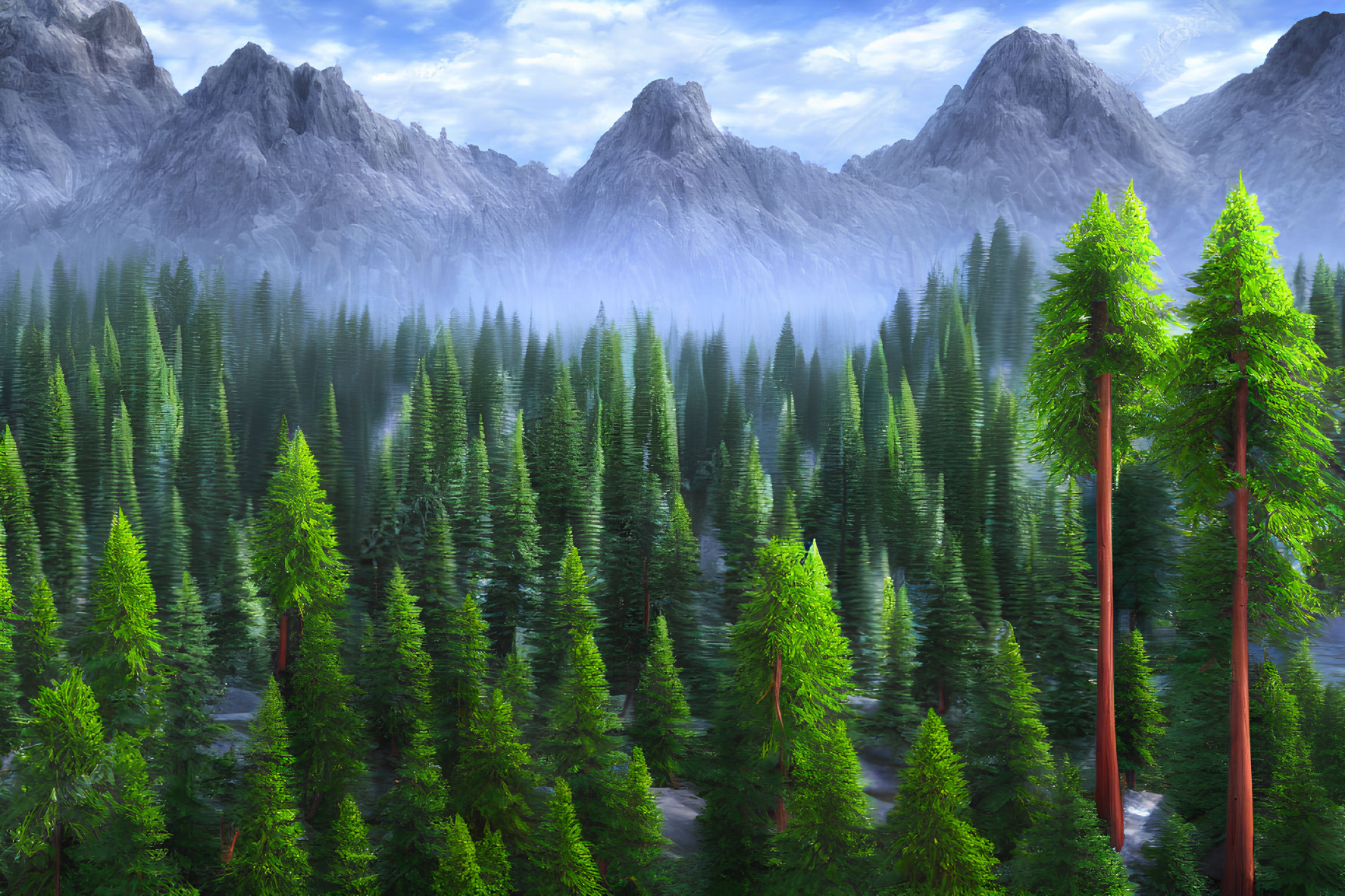 Misty evergreen forest with towering trees and rugged mountains under blue sky