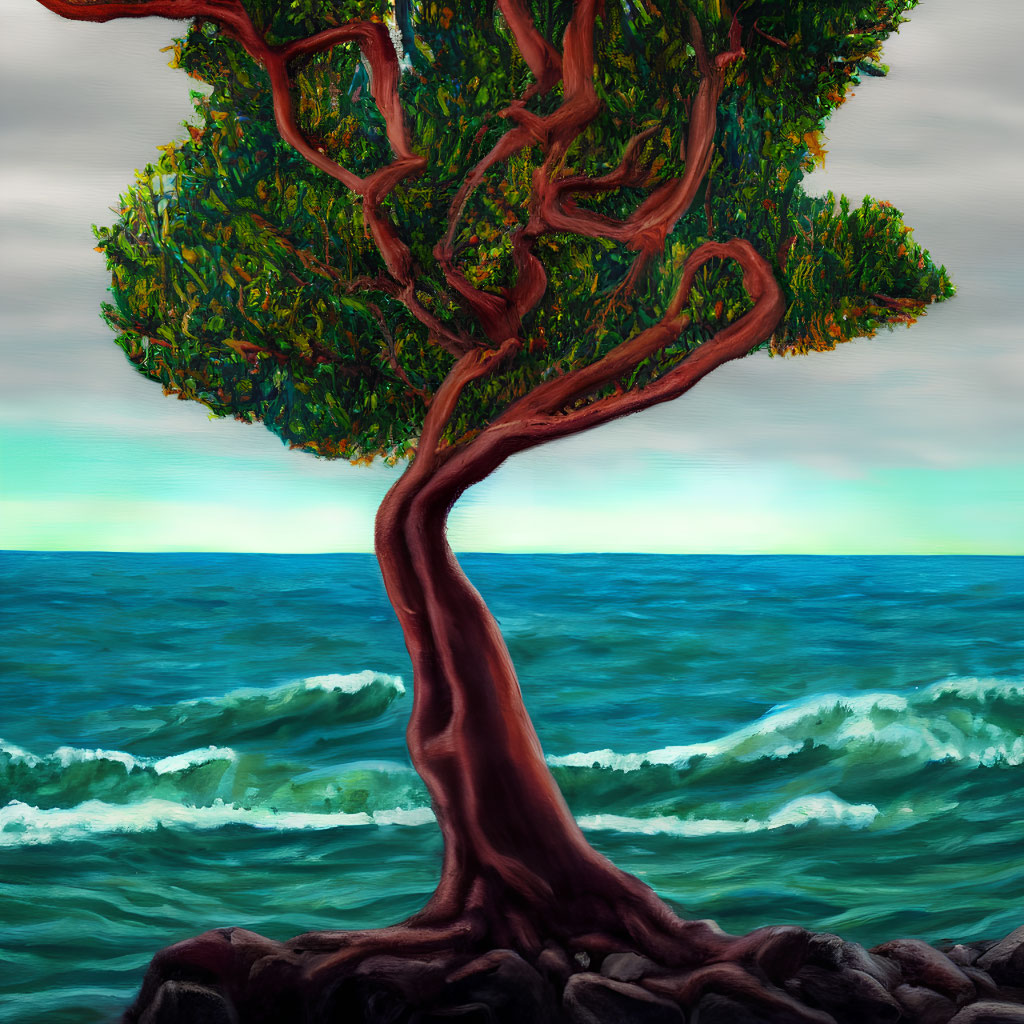 Vivid painting: Twisted tree on rocky shore with lush foliage, turbulent sea, hazy sky