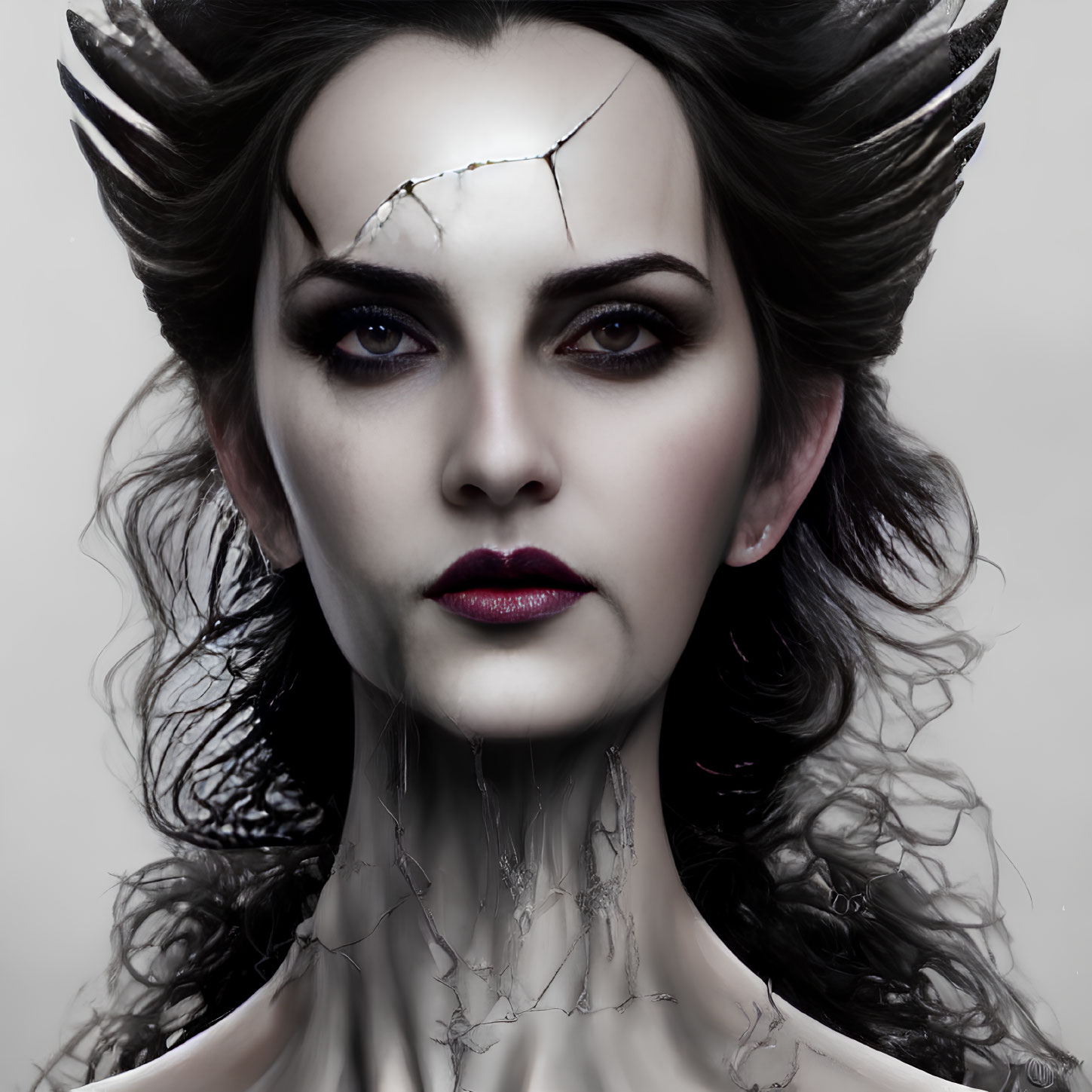 Portrait of Woman with Dark Eyes, Porcelain Skin, Cheekbones, and Horns