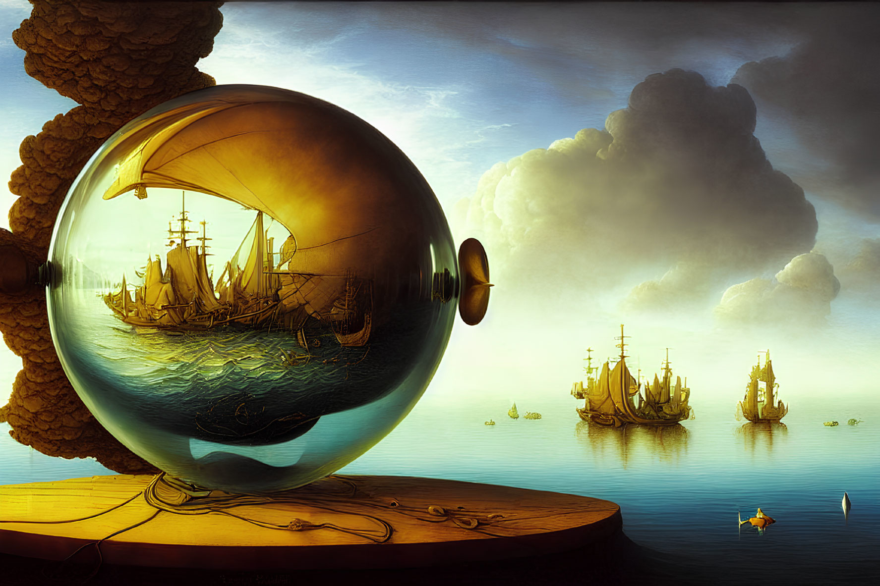 Surreal image of ships in water-filled globe and on sea under dramatic sky