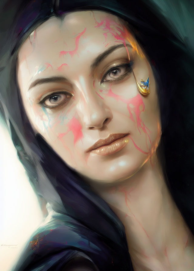 Digital portrait of woman with dark hair, subtle smile, colorful streaks, and butterfly on cheek