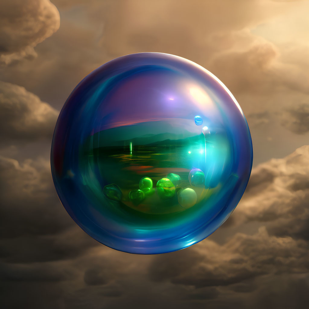 Iridescent bubble reflecting tranquil landscape scene in dramatic sky