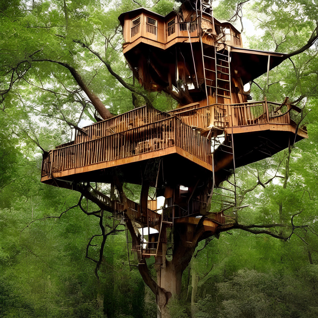 Wooden Treehouse with Balconies in Green Forest