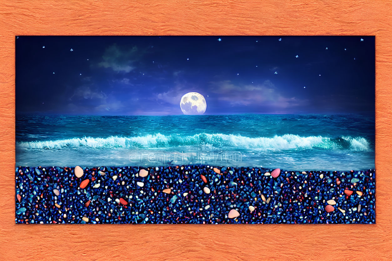 Nighttime beach scene with full moon and waves framed against orange wall