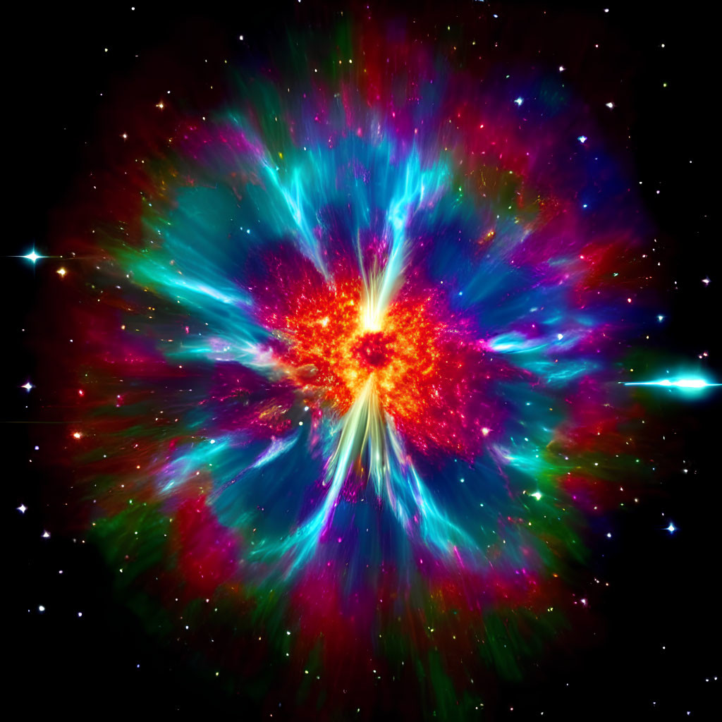 Colorful starburst nebula against dark starry background