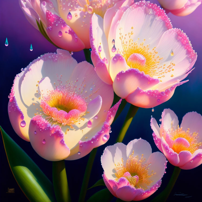 Pink and White Flowers with Dewdrops on Dark Background