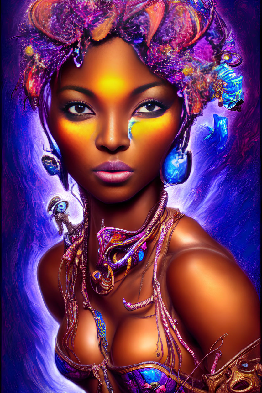 Colorful digital portrait of woman with golden eyes and futuristic jewelry on purple background