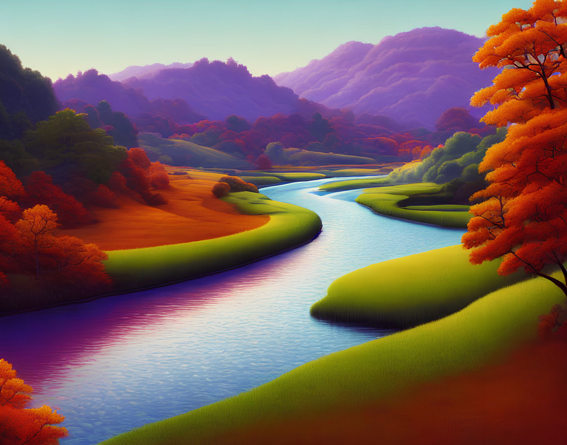 Colorful landscape with winding river, green hills, and autumn trees under evening sky
