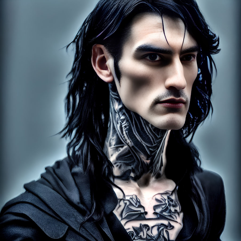 Man with Striking Makeup, Long Black Hair, and Neck Tattoos in Intense Pose