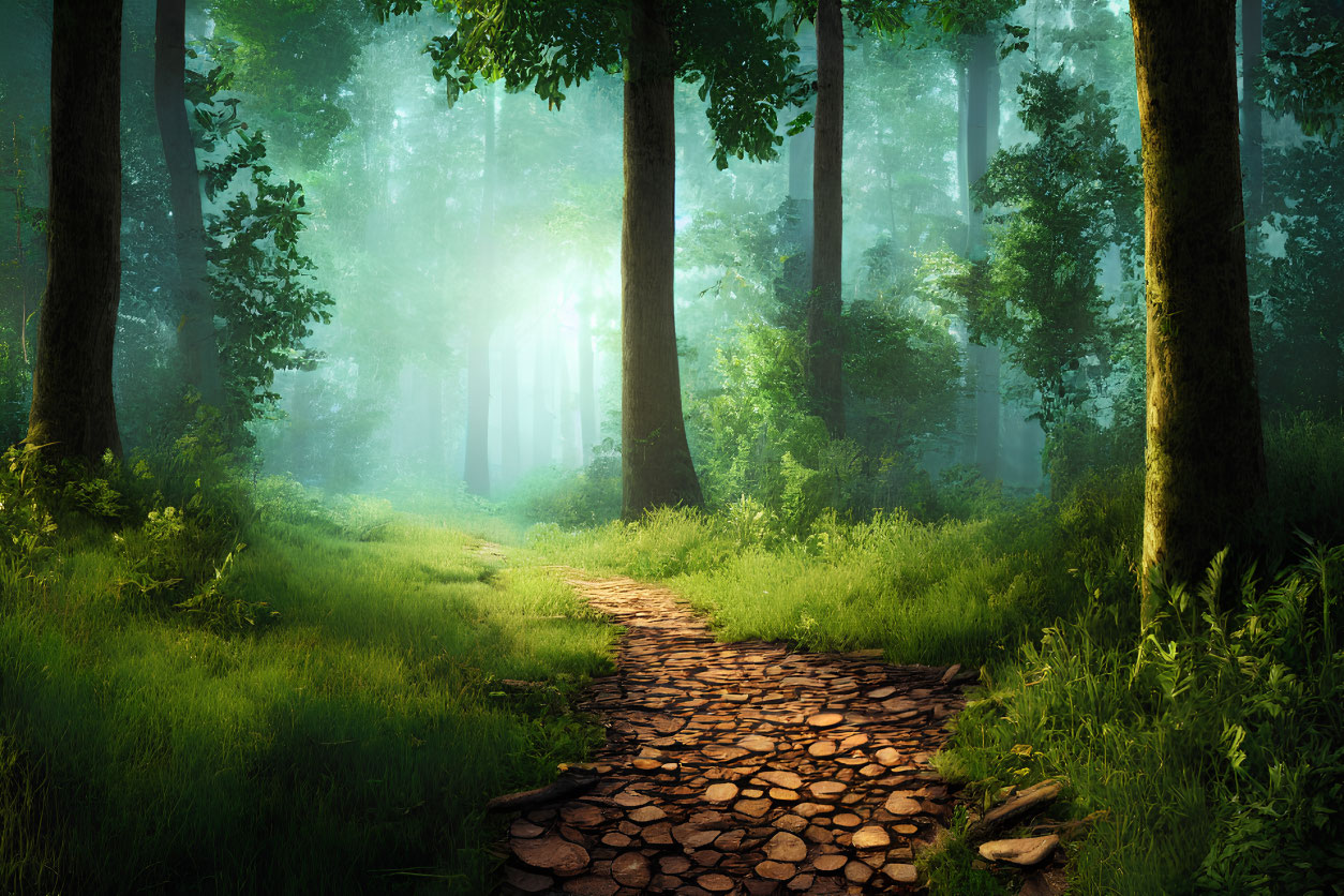 Tranquil forest scene with cobblestone path and sunlight filtering through mist