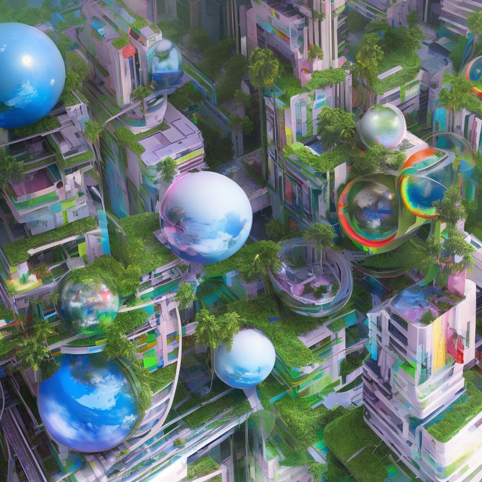 Futuristic cityscape with greenery, colorful high-rises, and floating spheres