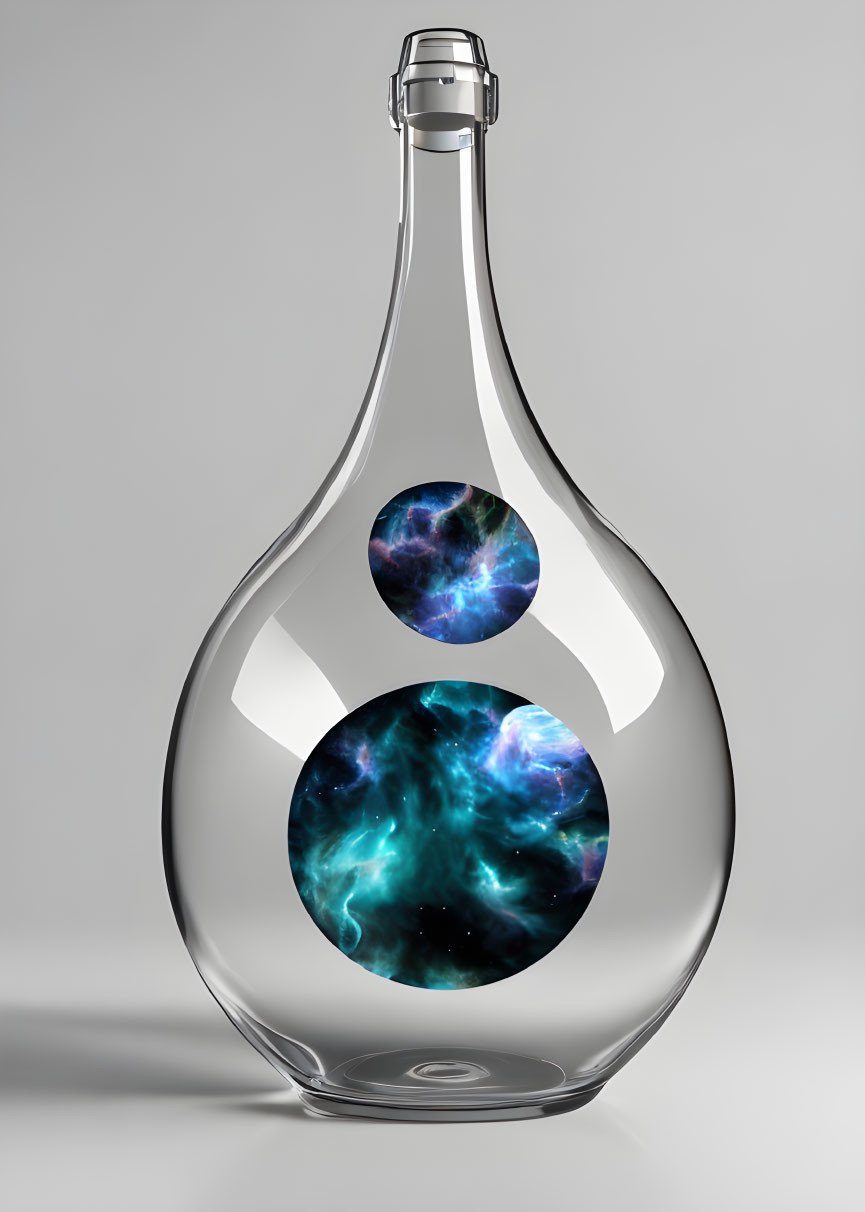 Transparent Cosmic Design Bottle with Blue and Purple Nebula Patterns