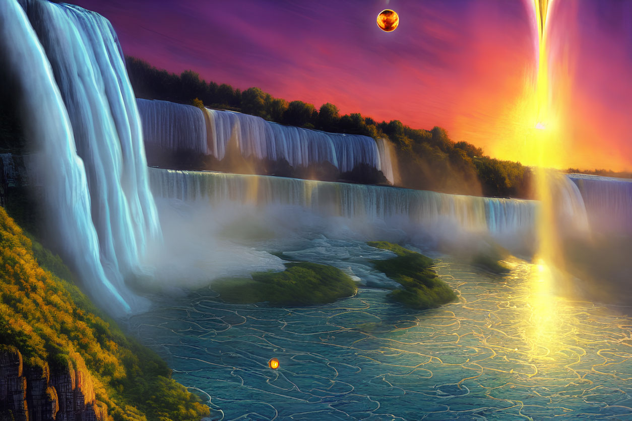 Majestic waterfall with sunset, lightning, and floating orbs