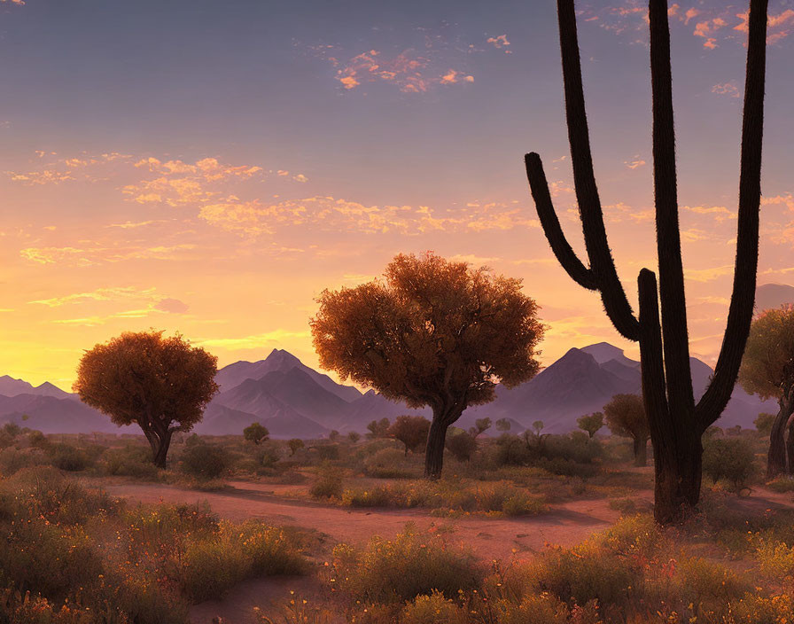 Desert sunset with towering cactus, golden-hour lighting, distant mountains.