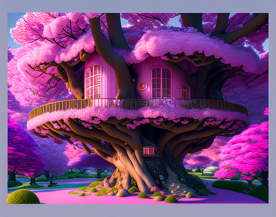 Whimsical treehouse with pink blossoms in giant tree amid vibrant pink forest