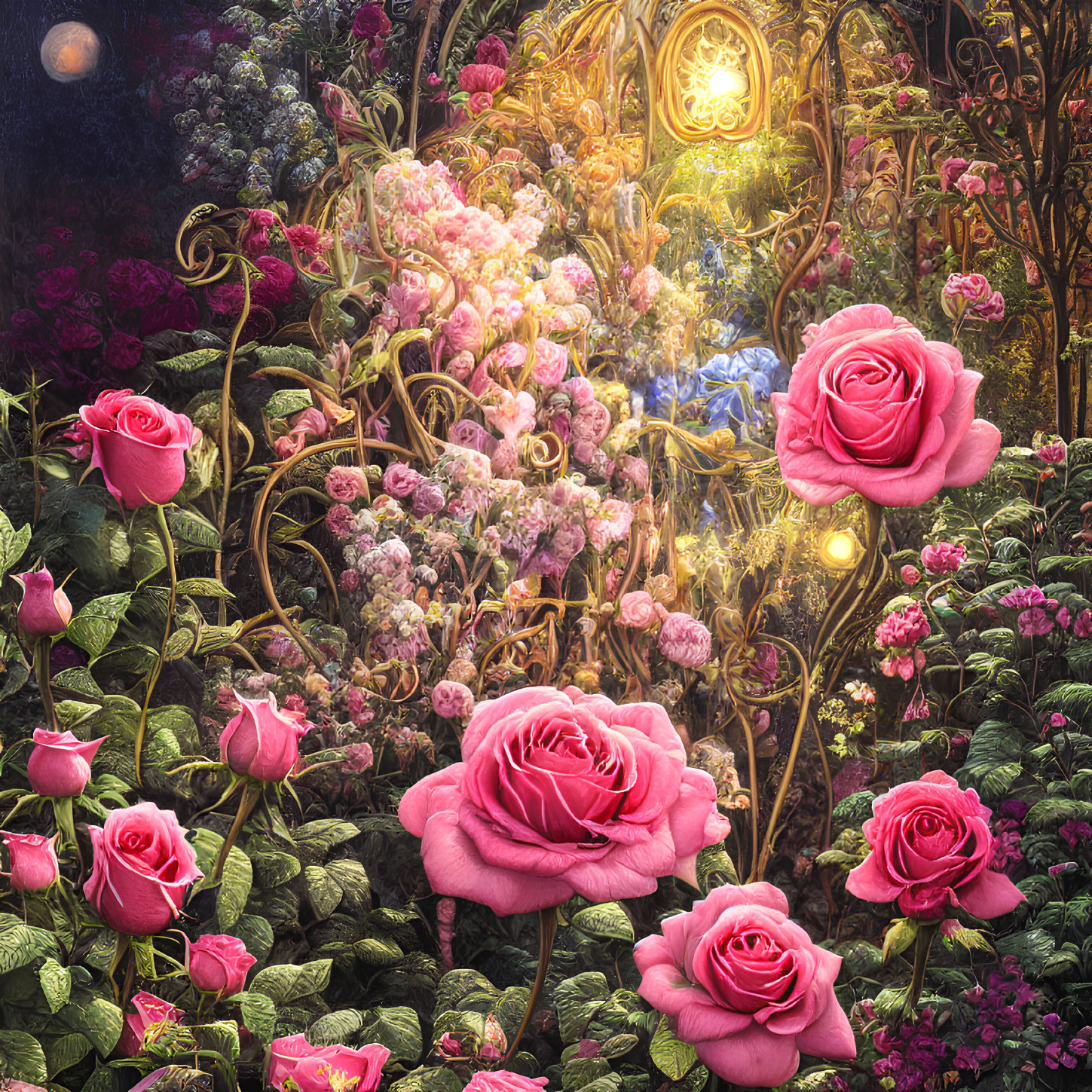 Lush garden with oversized pink roses and golden gate