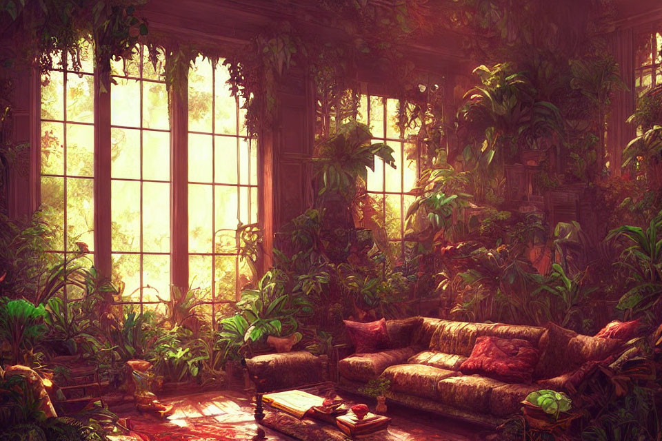 Indoor garden with dense foliage, large windows, cozy couch