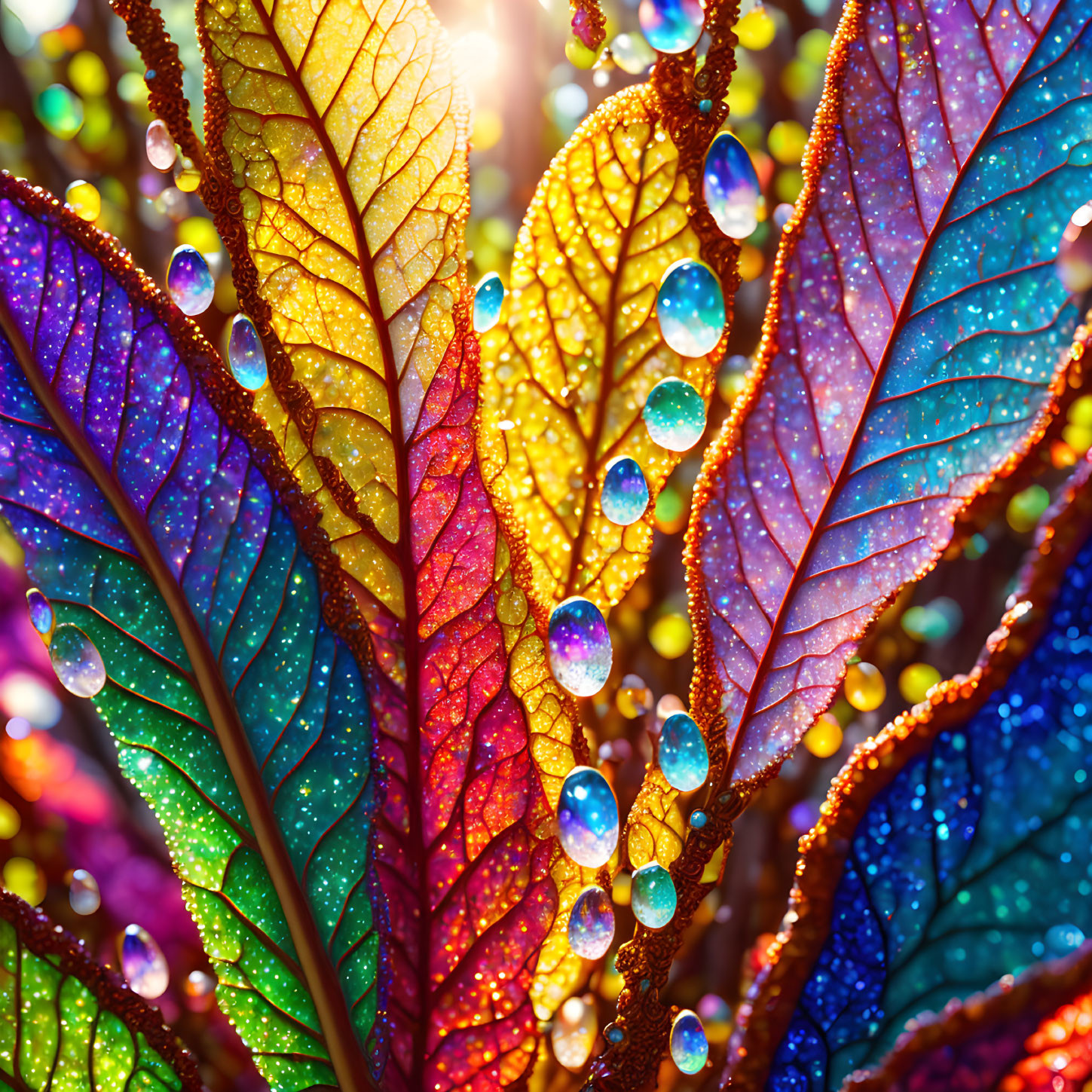 Colorful Dewy Leaves Reflecting Light in Magical Scene