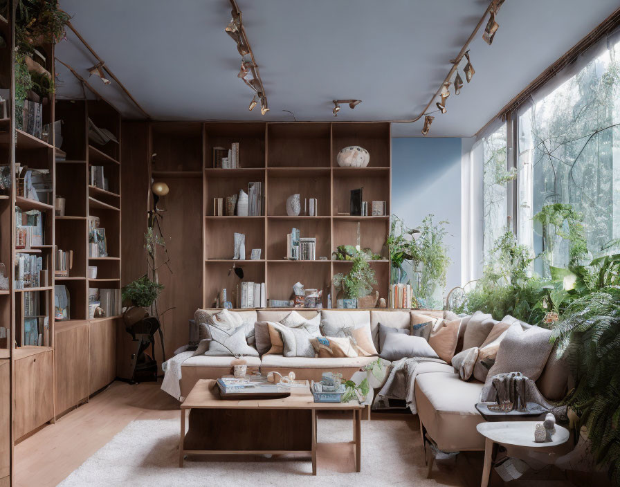 Spacious living room with L-shaped sofa, bookshelves, plants, and tree view