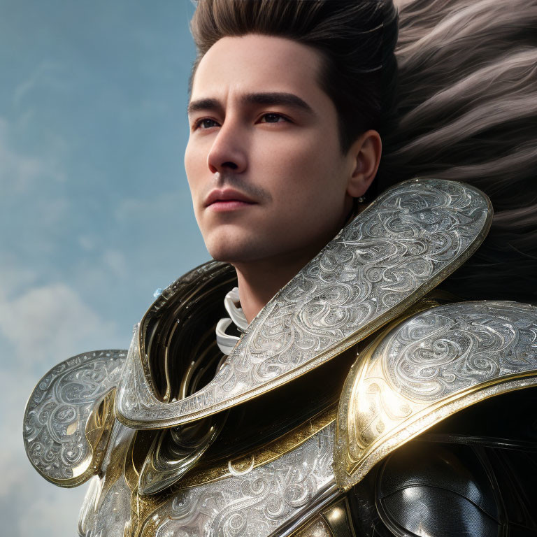 Digital portrait of a heroic man in ornate armor against cloudy sky