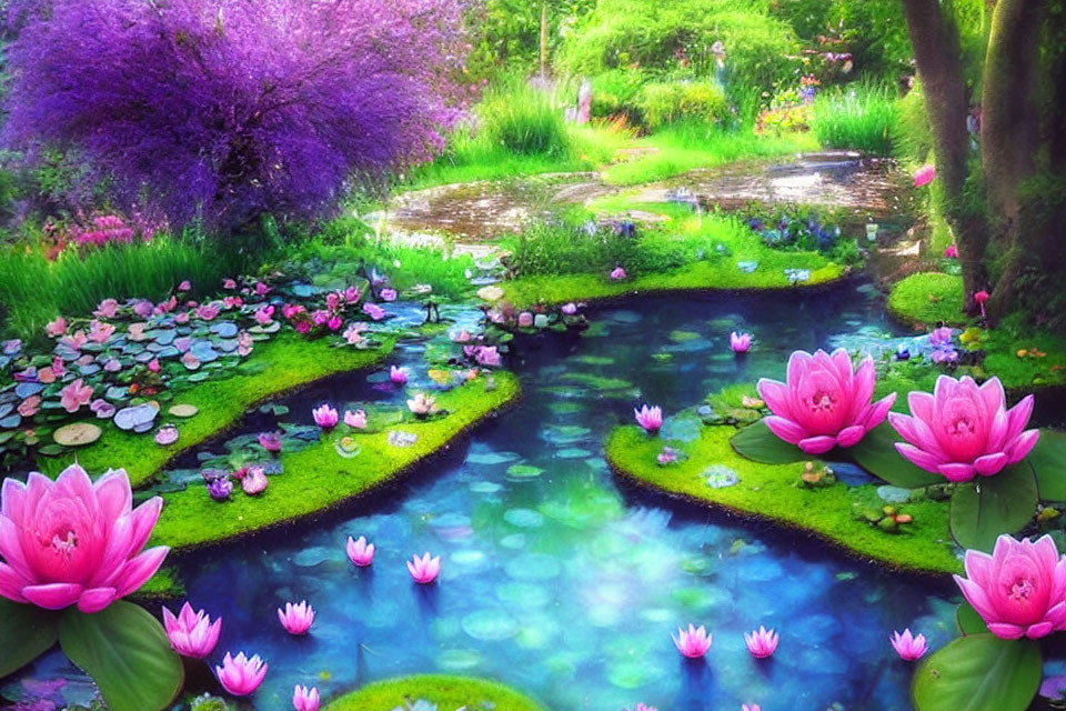 Colorful garden with pink water lilies, lotus flowers, greenery, pond, and purple