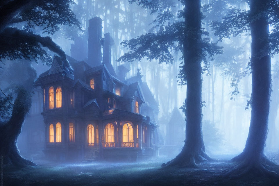Gloomy Victorian mansion in misty forest with glowing windows
