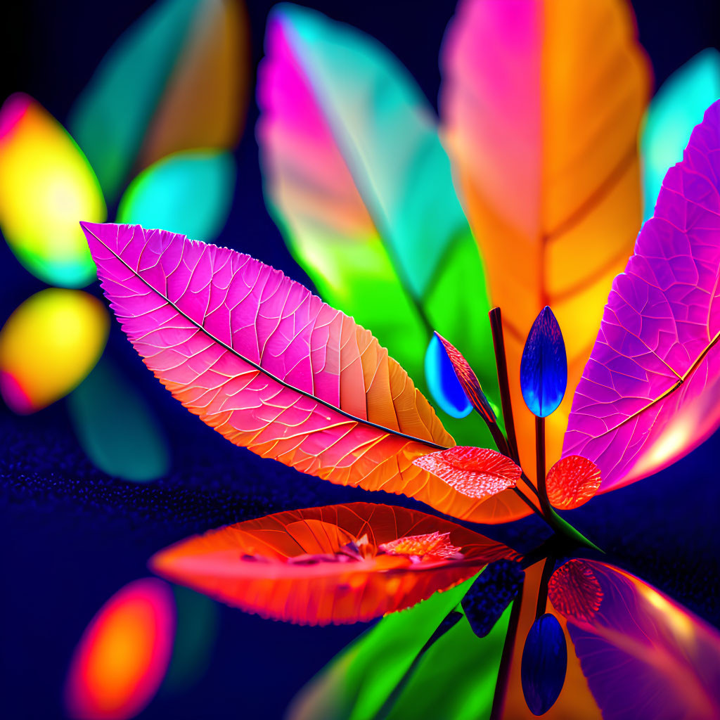 Colorful Fan-Shaped Leaves with Neon Edges on Dark Background