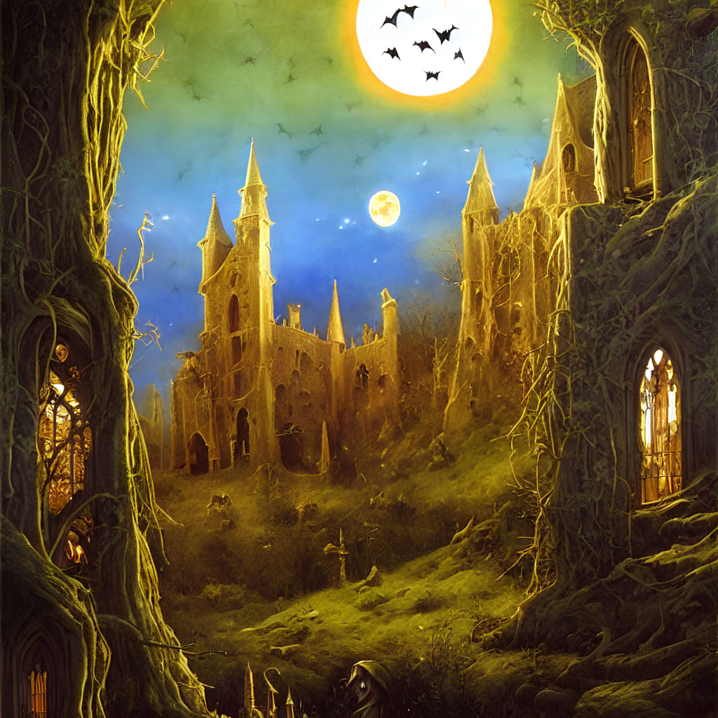 Gothic Castle at Night with Illuminated Windows and Bats