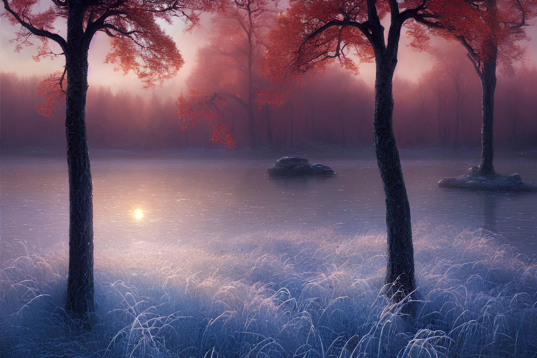 Tranquil misty sunrise over frost-covered lake and silhouetted trees