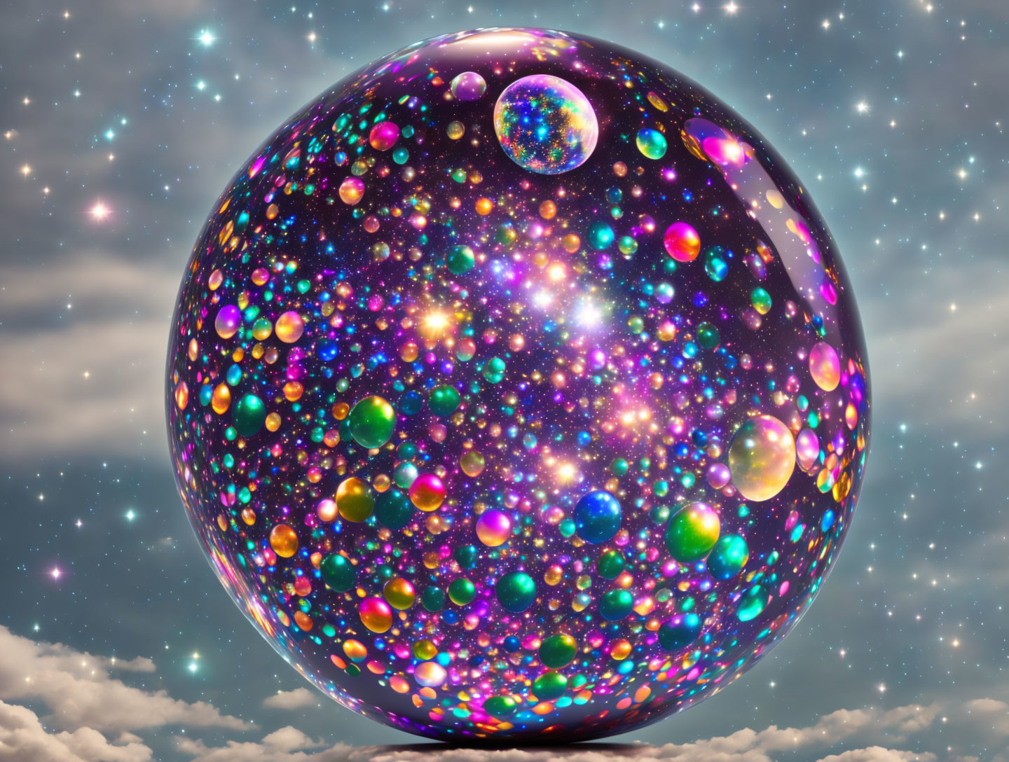 Colorful cosmic sphere and bubbles against starry sky.