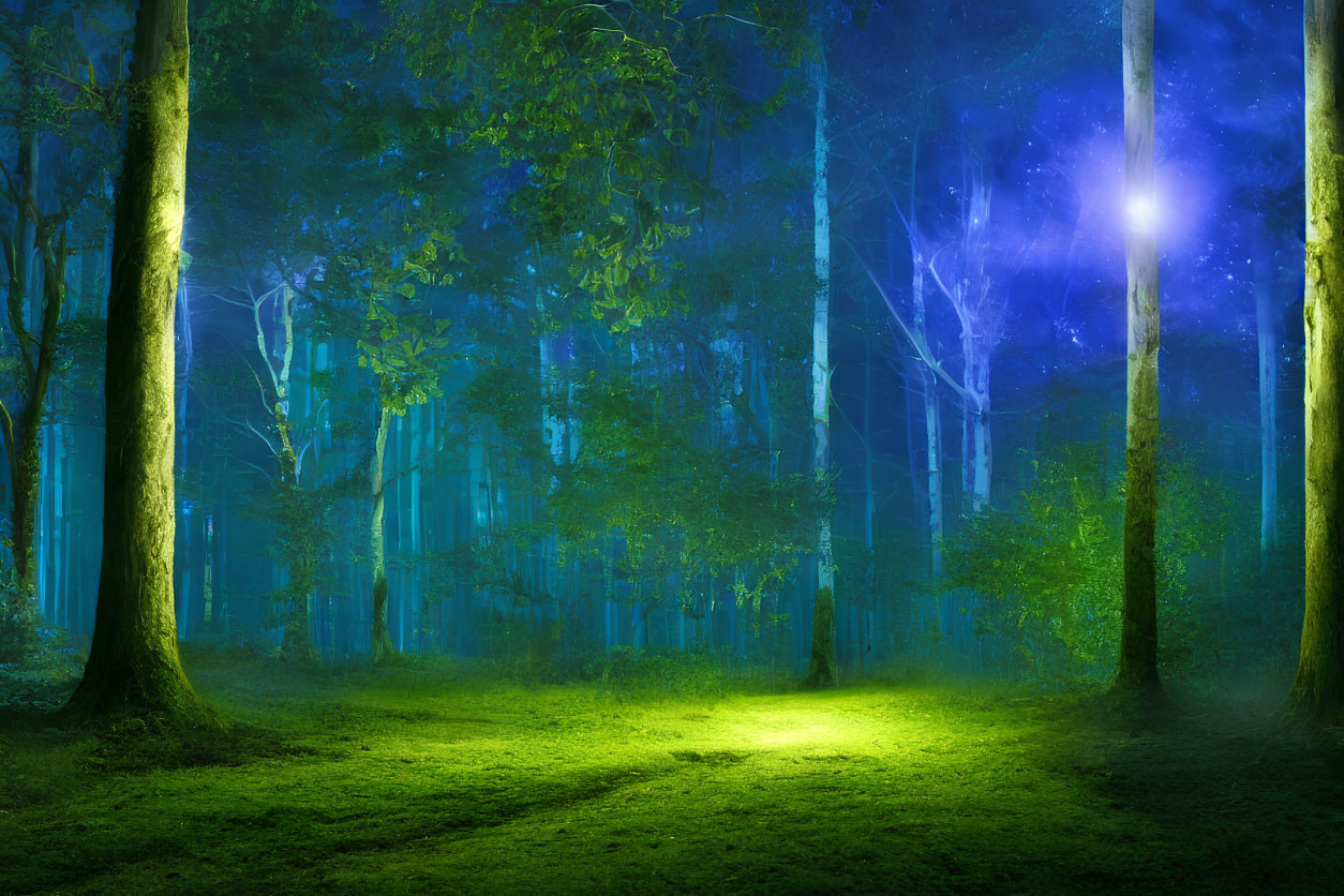 Enchanting night forest with mystical blue tones and ethereal lights