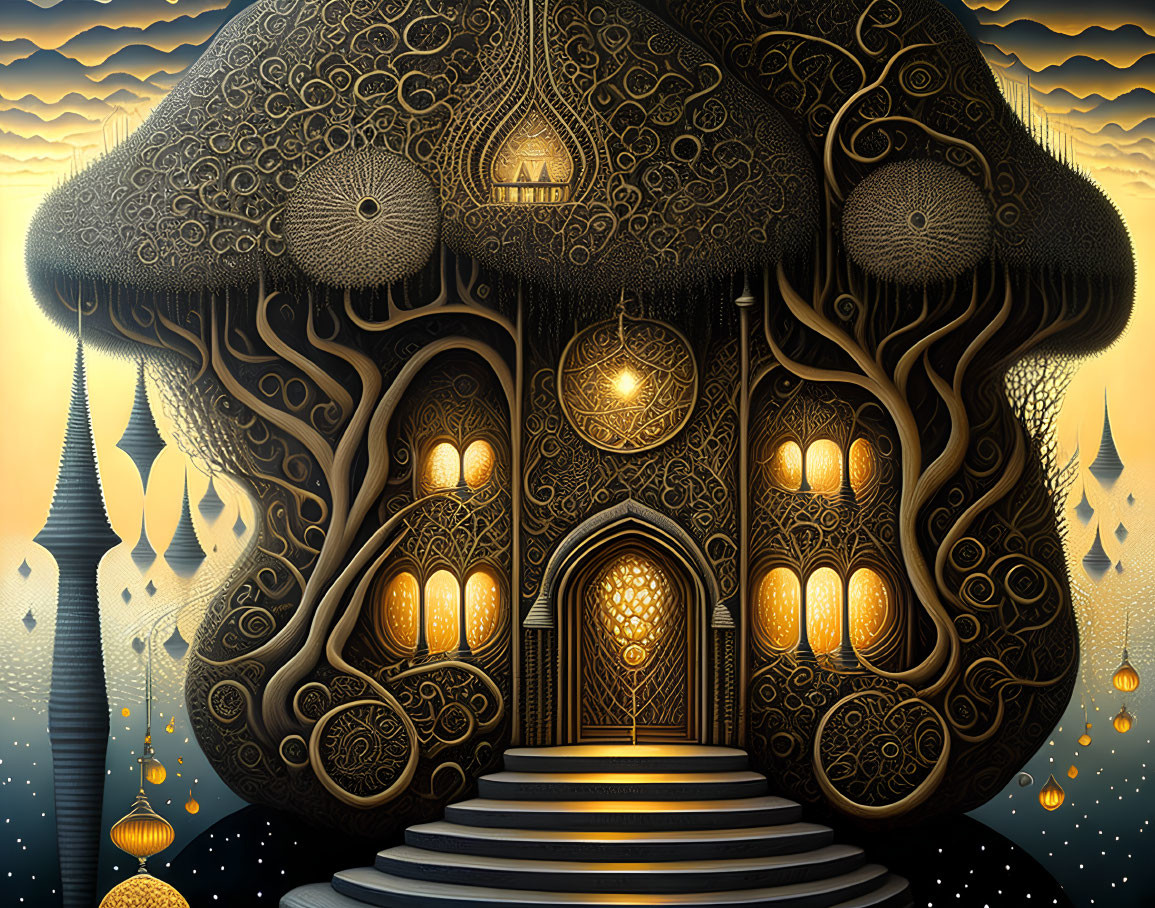 Illustration of ornate mushroom-shaped structure with luminous windows and grand staircase against starry sky and