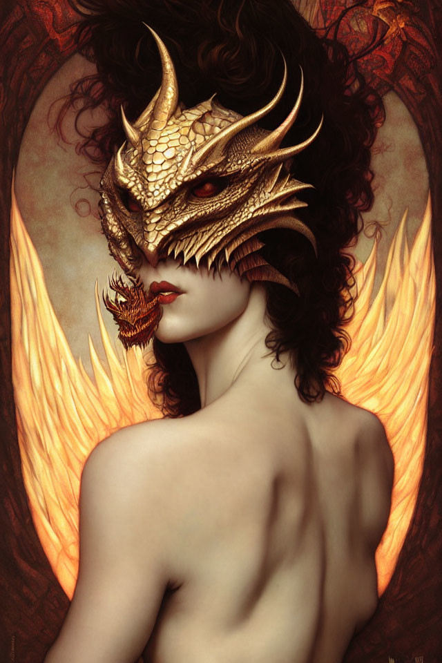Fantasy illustration of person wearing dragon head mask with wings spread