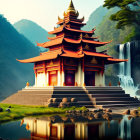 Traditional Red and Gold Pagoda Near Waterfall Surrounded by Green Mountains