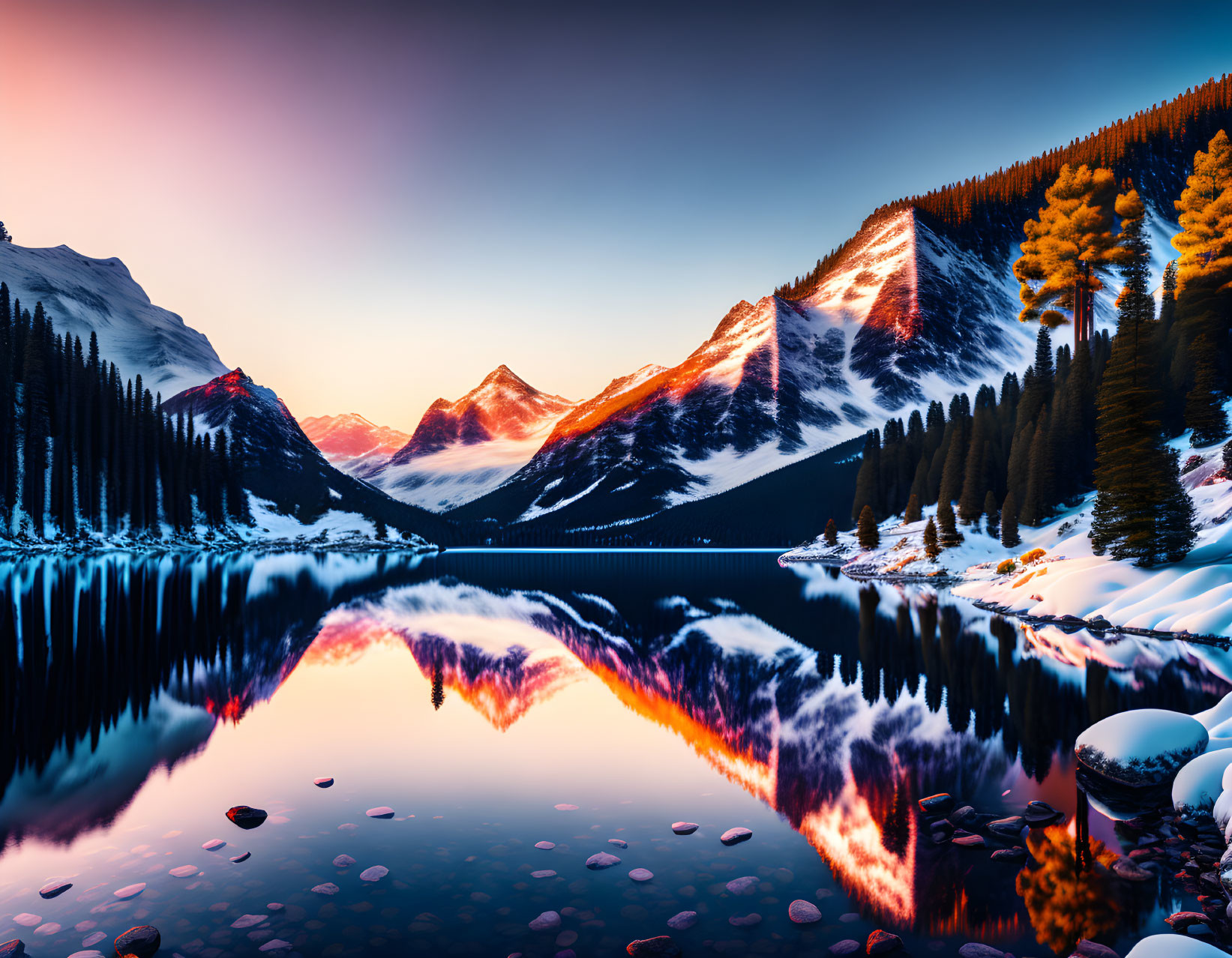 Scenic sunrise over mountain lake with snow-capped peaks