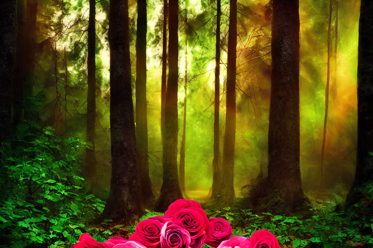 Mystical forest scene with sunlight and red roses