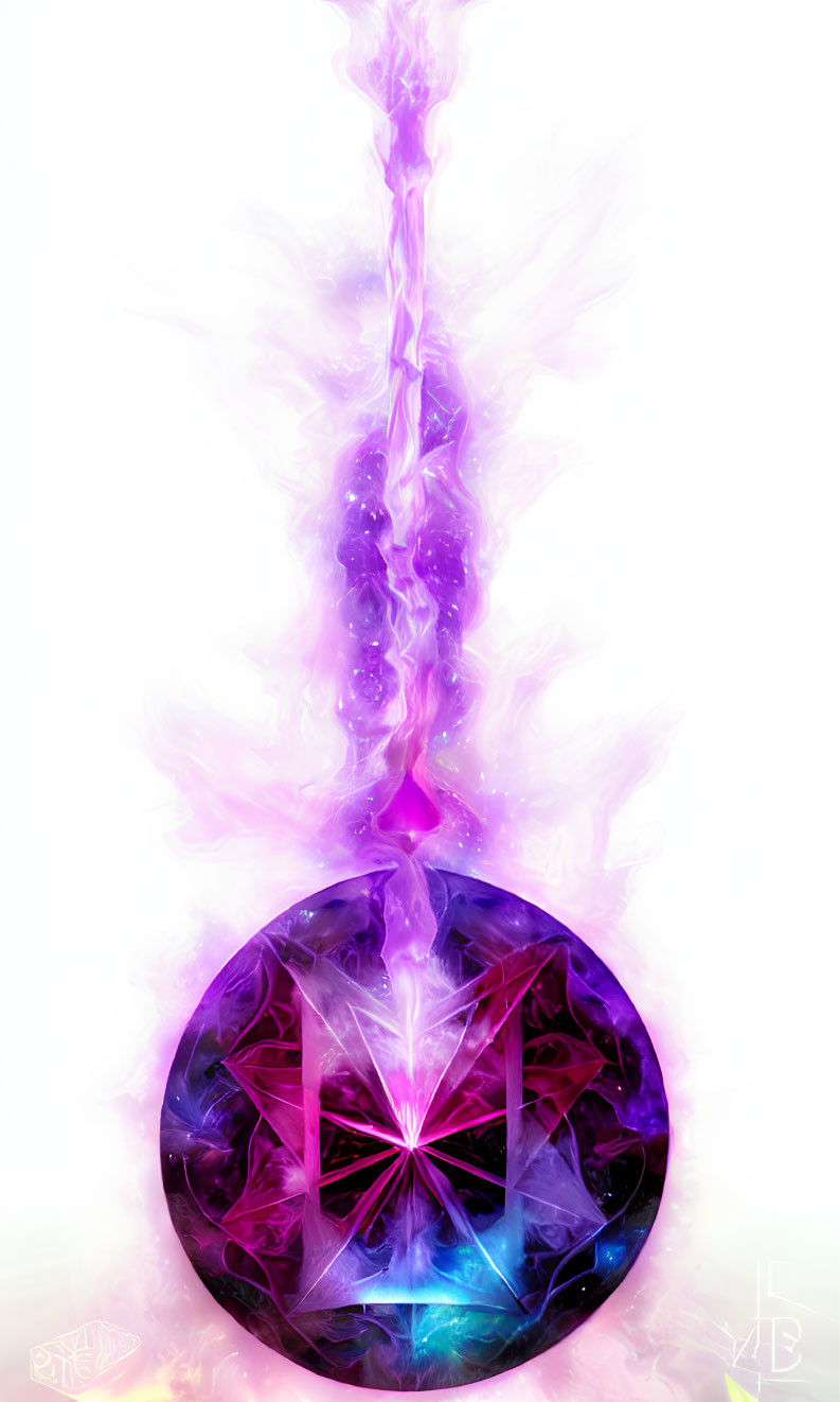 Colorful digital artwork: Purple and pink mystical orb with pentagram emitting luminous trail.